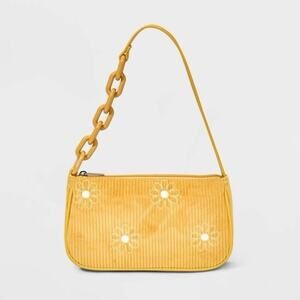 Y2K Style Mini Bag Wristlet Yellow Corduroy Purse Embroidered Flowers Cottage